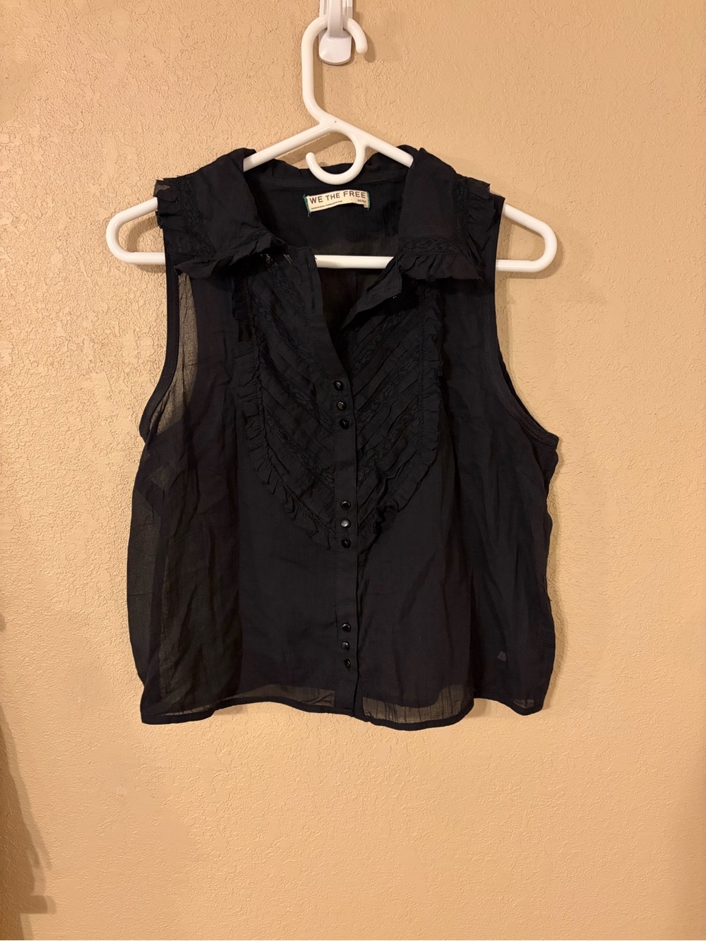 We The Free Black Sleeveless Sheer Ruffled Button-Up Blouse